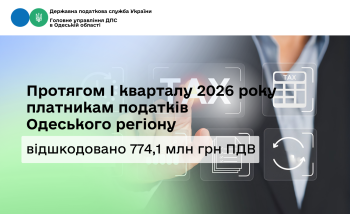 Протягом I кварталу 2026 року платникам податків Одеського регіону відшкодовано 774,1 млн грн ПДВ