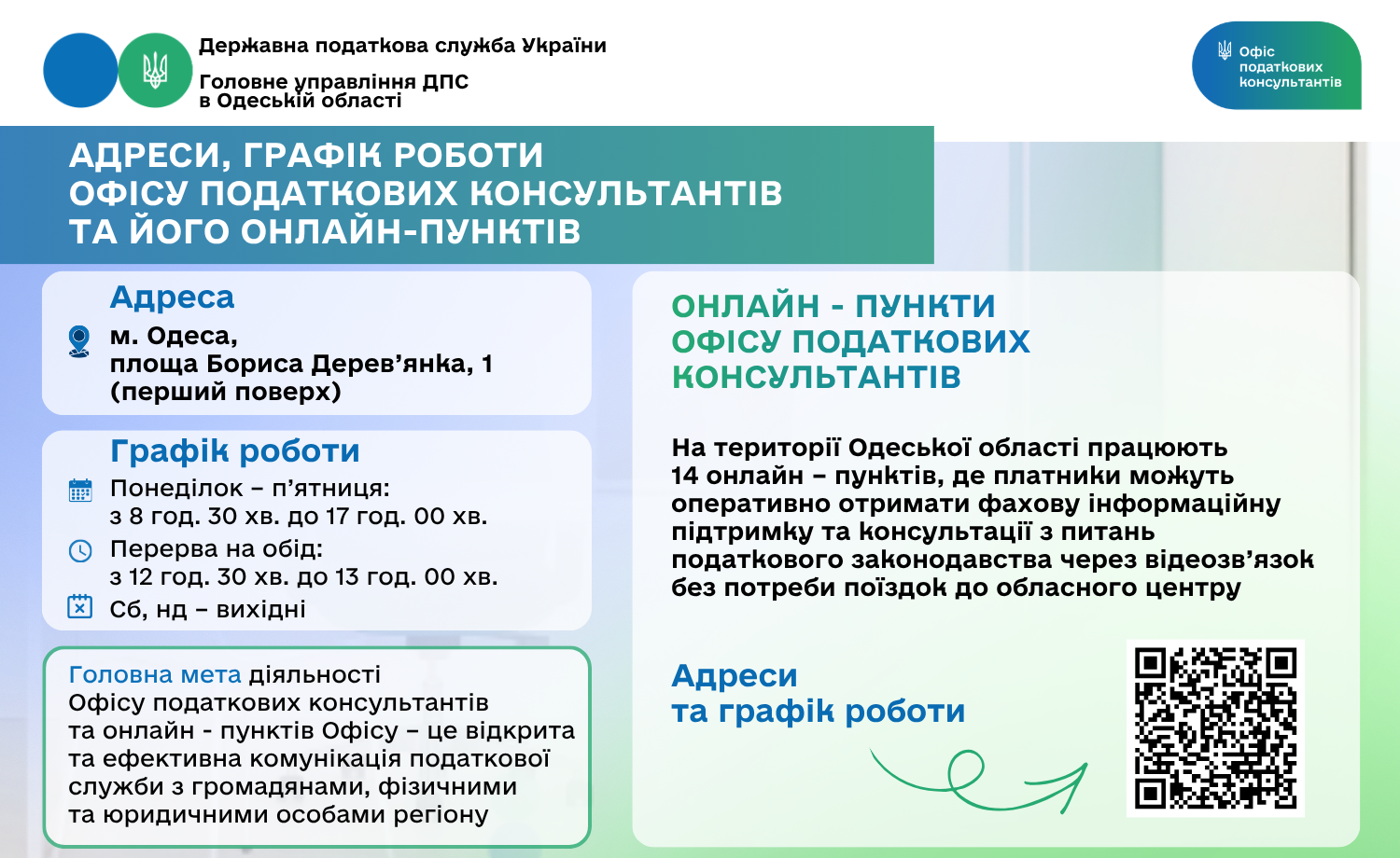 Одещина: адреси, графік роботи Офісу податкових консультантів та його онлайн-пунктів