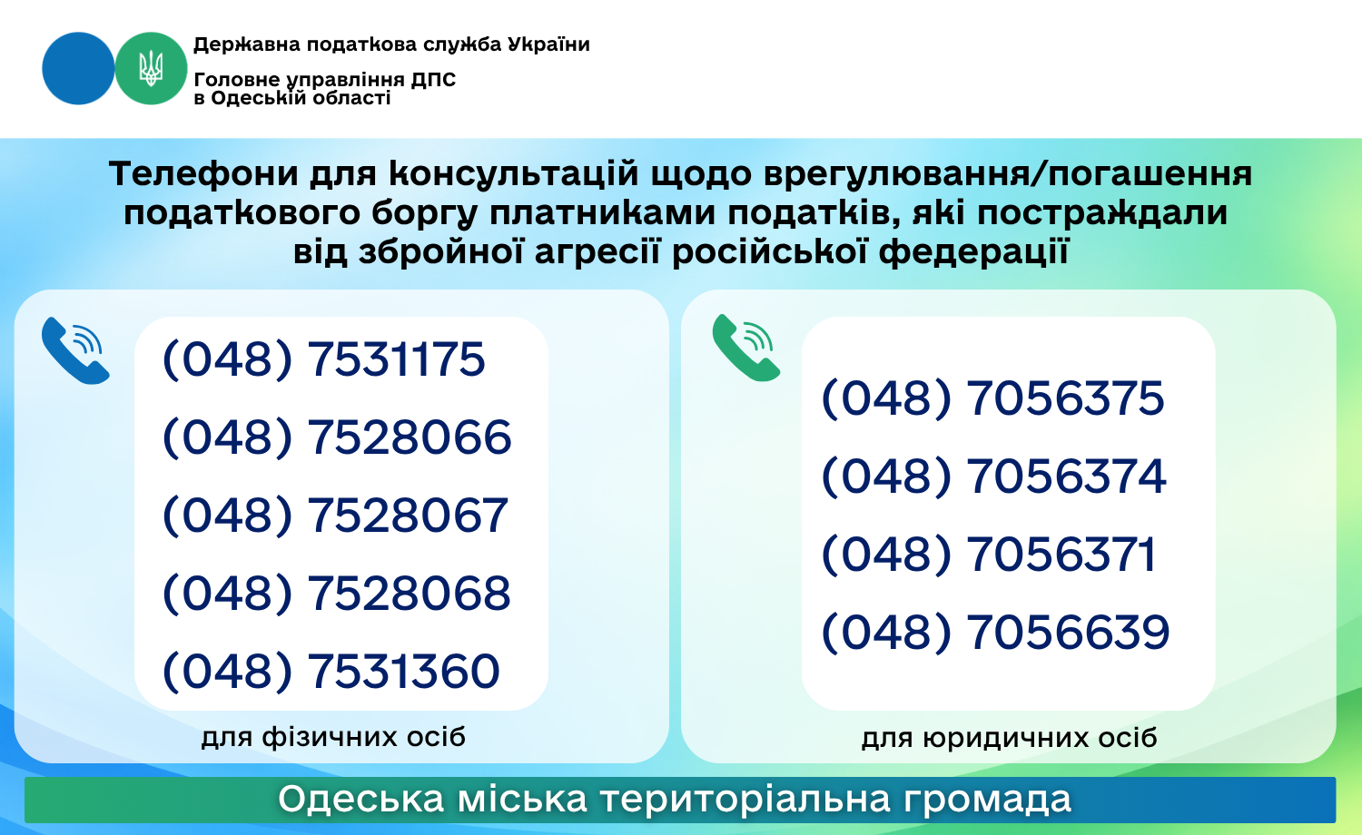 Телефони для консультацій щодо врегулювання/погашення податкового боргу платниками податків, які постраждали від збройної агресії російської федерації